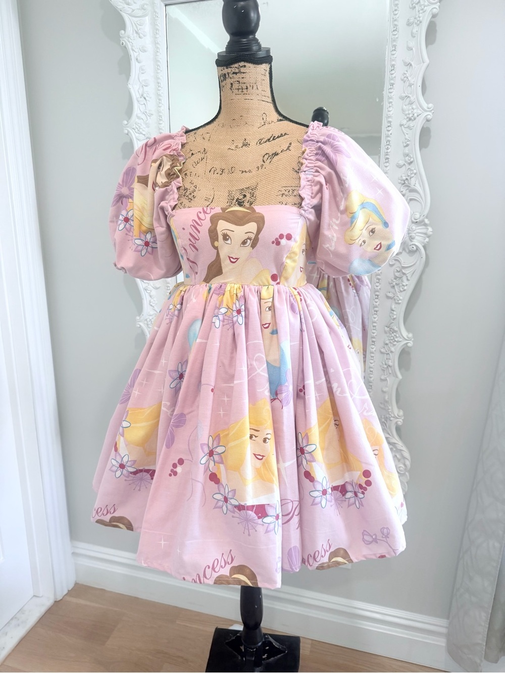 New York Couture One of a Kind Vtg PRINCESSES Disney Bedsheets Puff Sleeve Dress